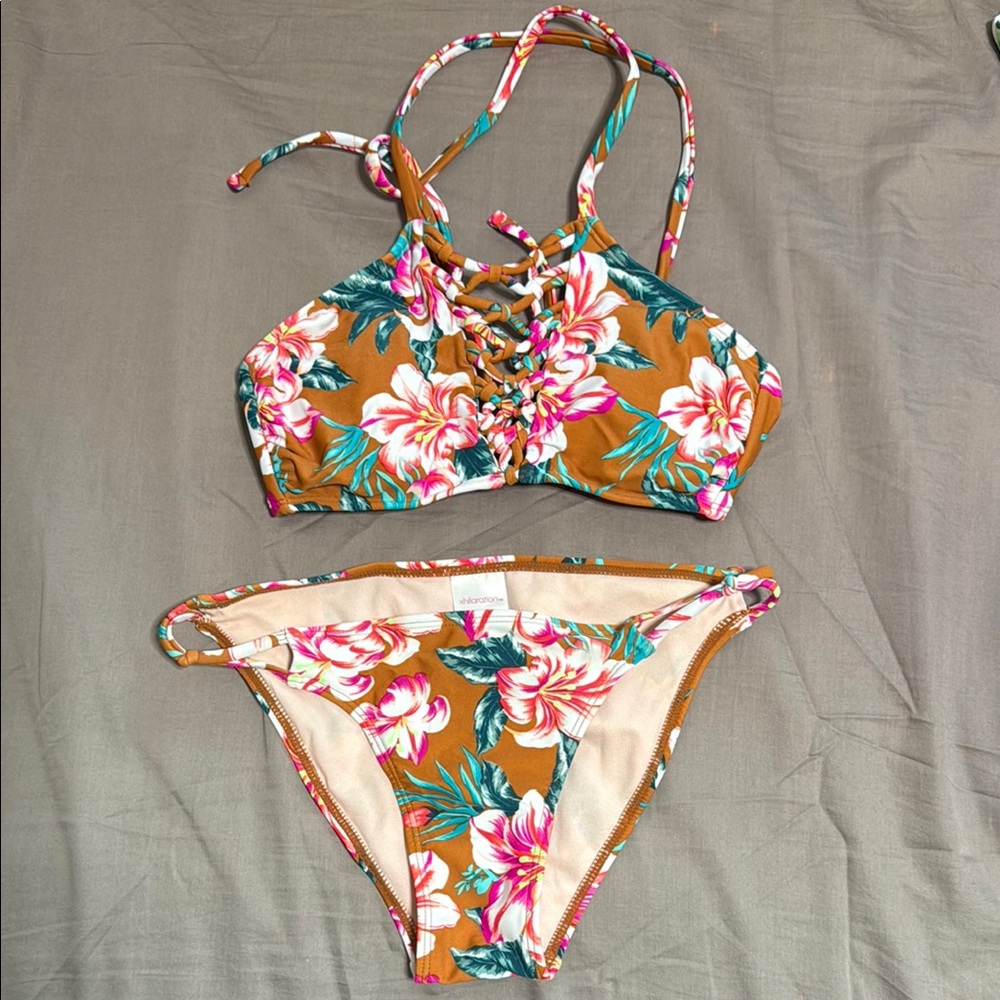 Xhilaration Brown and Pink Bikini Set Floral Design